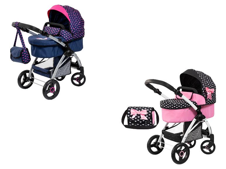 Zwei Puppenwagen mit Herzchenmuster und rosa Akzenten.