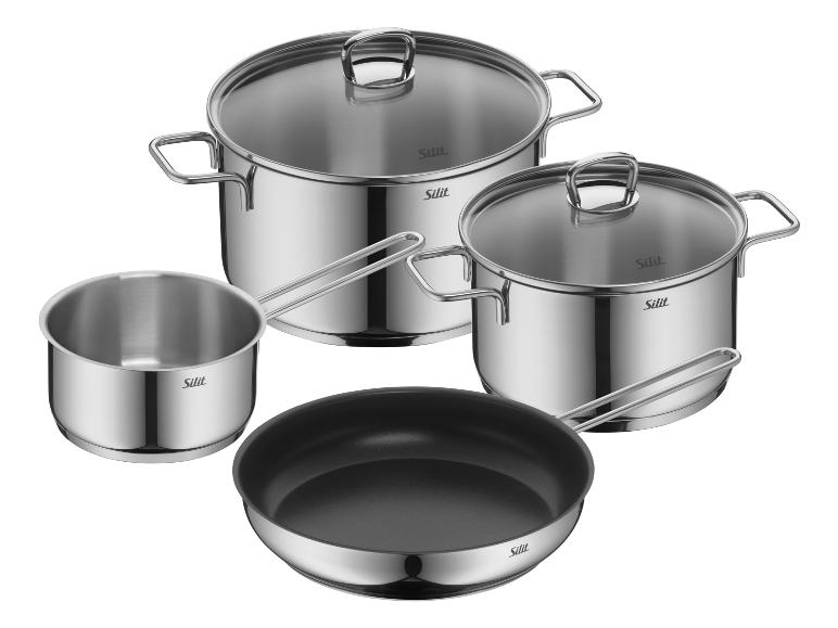 Silit Edelstahl-Kochgeschirr-Set, bestehend aus einer Pfanne, einem Stieltopf und zwei Töpfen mit Deckeln.