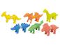 Sechs bunte Dinosaurier-Spielzeuge mit abnehmbaren Körperteilen.