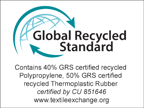 Global Recycled Standard Siegel: 40% recyceltes Polypropylen, 50% recycelter thermoplastischer Gummi.