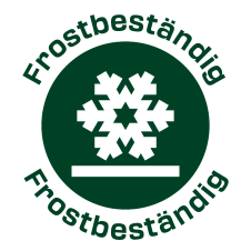 Siegel „Frostbeständig“ mit Schneeflocke und Linie.