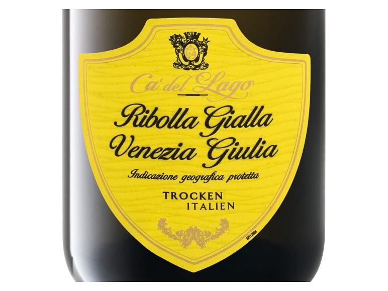 Gelbes Ribolla Gialla Venezia Giulia Weinetikett mit der Aufschrift „Trocken Italien“.