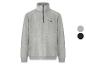Grau meliertes Sweatshirt mit Reißverschlusskragen und Stehkragen mit gesticktem Logo, mit Farboptionen.