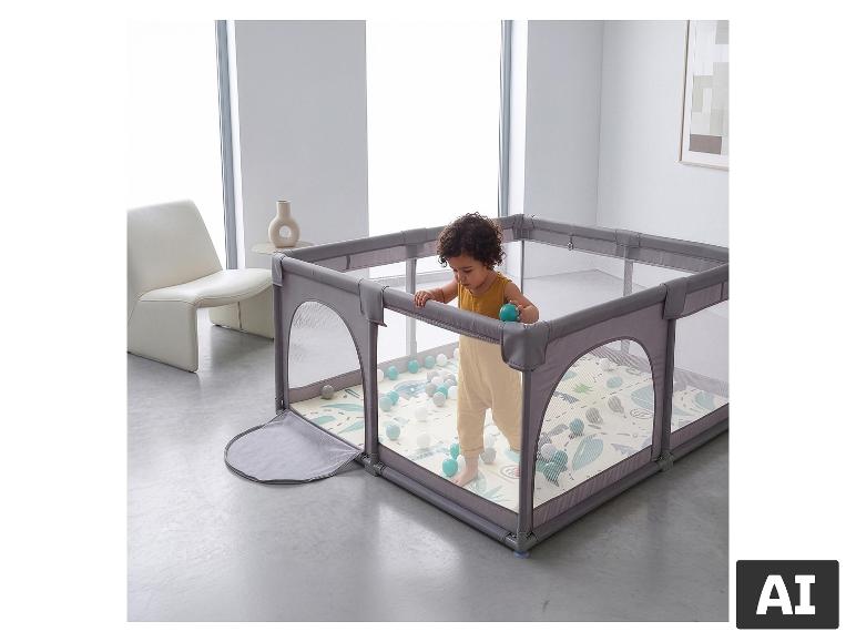 Kind spielt im BABYGO Laufgitter mit Spielmatte und Bällen. [KI-generiertes Bild]