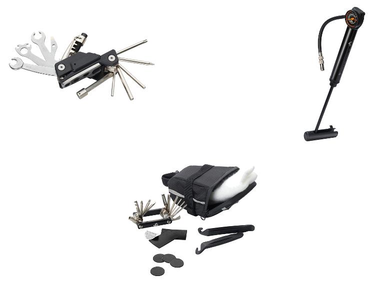 Fahrradreparaturset mit Multitool, Pumpe, Satteltasche, Reifenhebern und Flickzeug.