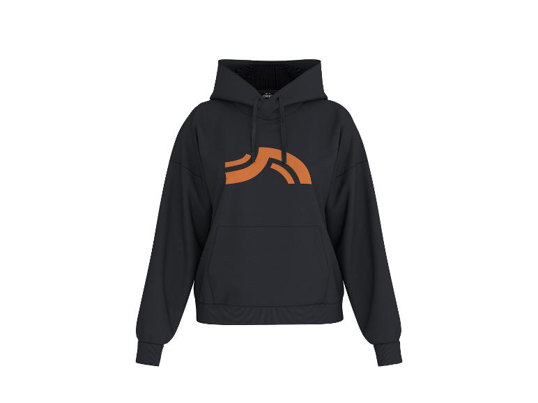 Schwarzer Hoodie mit einem orangefarbenen abstrakten Design auf der Brust.