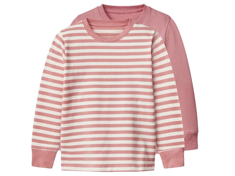 Zwei rosa Sweatshirts, eines mit weißen und rosa Querstreifen, das andere unifarben.