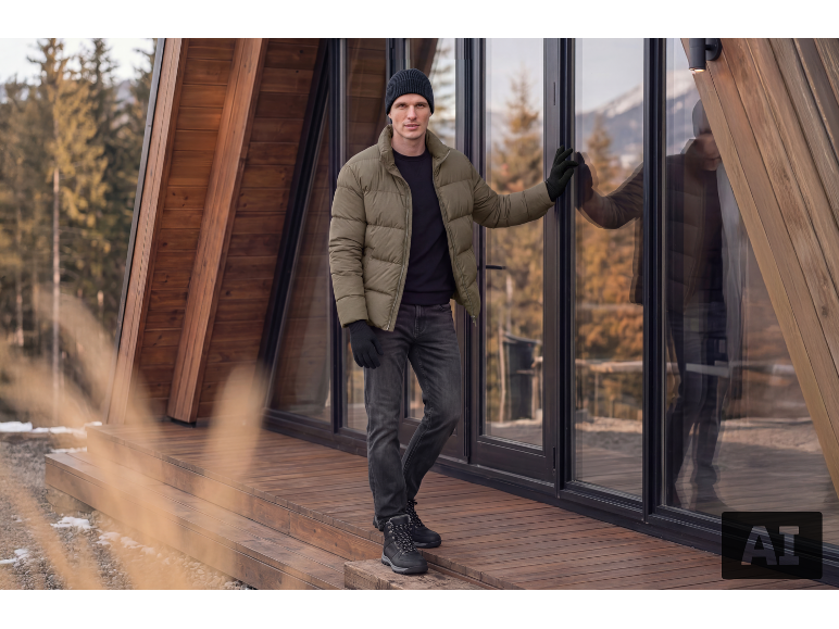 Mann in khakifarbener Steppjacke, schwarzem Pullover, Jeans und Mütze, auf Holzterrasse.