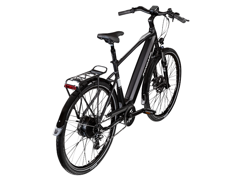 Schwarzes Fundap E-Bike, Rückansicht.