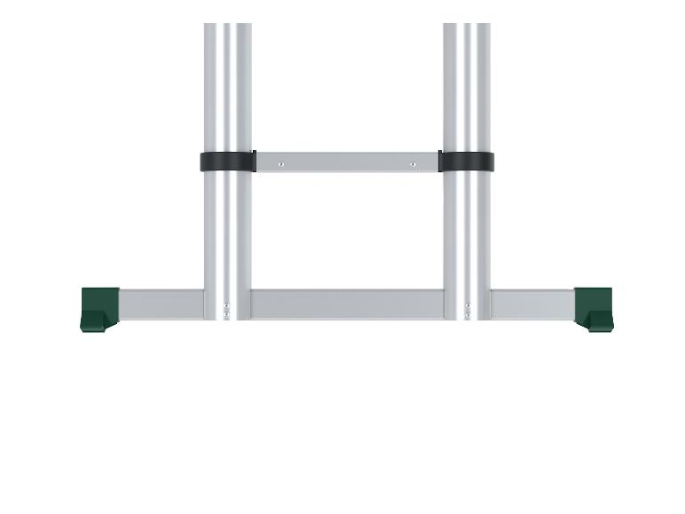 Detail einer Leiter mit Aluminiumrahmen und grünen Füßen.