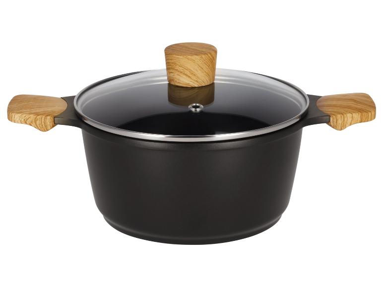 Schwarzer Kochtopf mit Holzgriffen und Glasdeckel