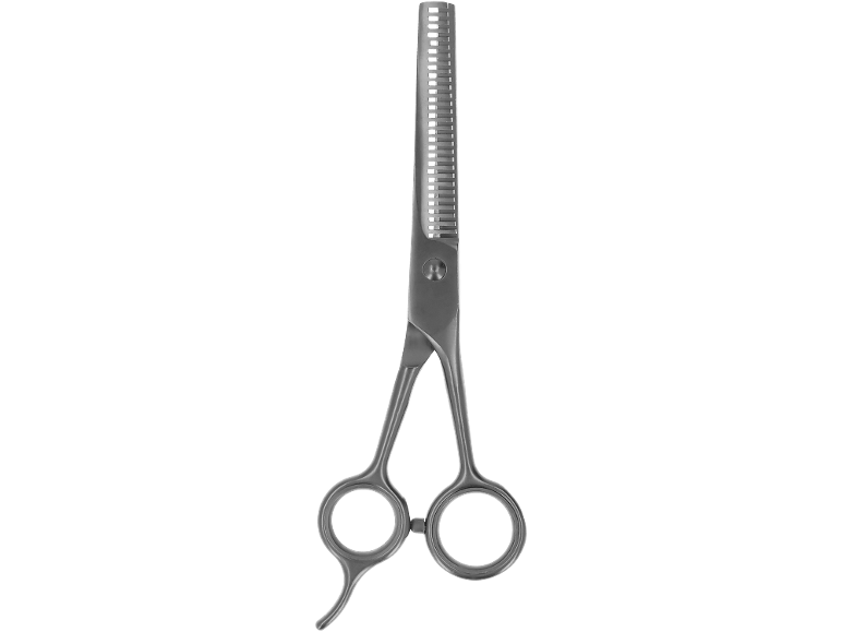 Schwarze Effilierschere mit gezahnter Klinge und Fingerauflagen