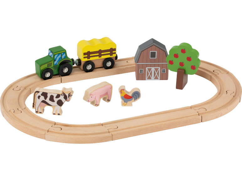 Holzeisenbahn mit Traktor, Wagen, Scheune, Baum und Bauernhoftieren.