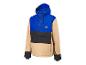 Blaue, schwarze und beige Anorak-Skijacke mit Kapuze.