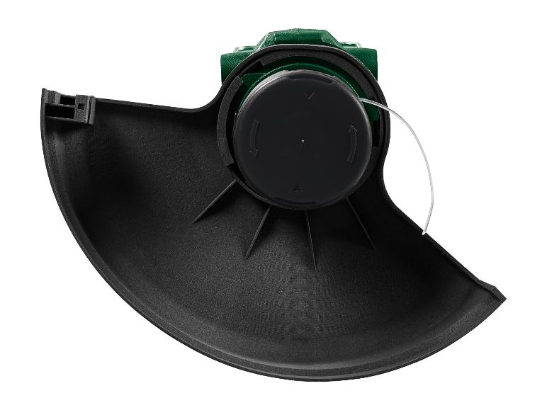 Nahaufnahme eines schwarzen Rasentrimmerkopfes mit grünem Sockel und weißer Schneidfaden.