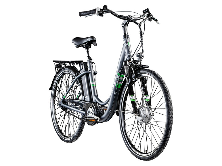 Ein schwarzes E-Bike mit grünen Akzenten.