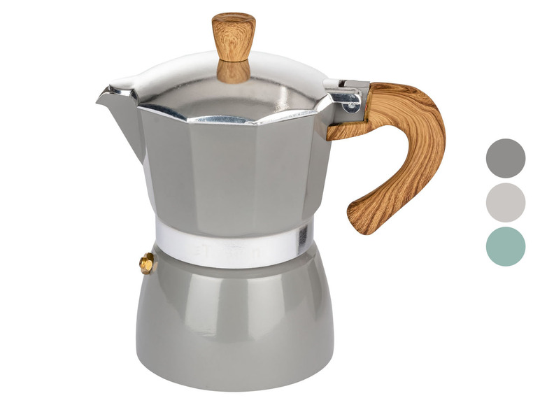 Eine graue Espressomaschine mit Holzgriff.