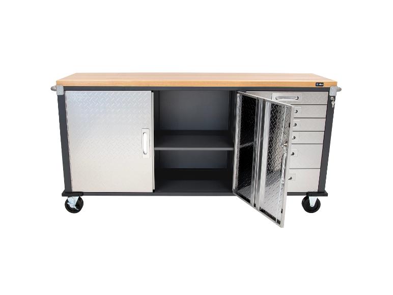 Mobiler Werkstattwagen mit Holzplatte, Schiebetüren und Schubladen.