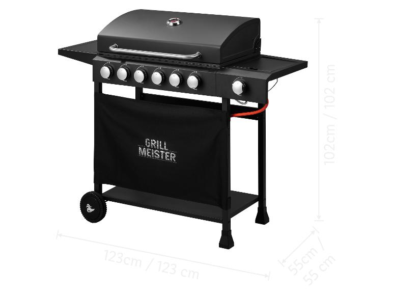 GRILL MEISTER Gasgrill mit sechs Brennern, Seitenablagen und Rädern, mit Maßen.