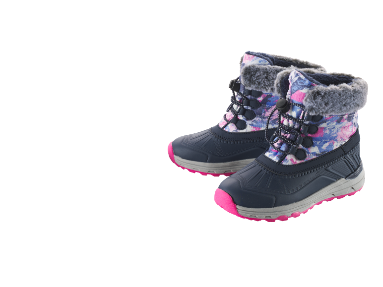 Kinder-Schneestiefel mit blau-rosa Blumenmuster und fuchsiafarbener Sohle.