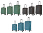 Ein Set mit drei Koffern in verschiedenen Farben, darunter Grün, Schwarz und Blau.