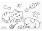 Malvorlage mit Katze, Hund, Knochen, Fisch, Garnknäuel und Napf.