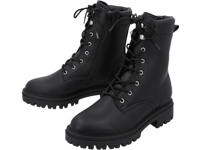 Schwarze Schnürstiefel im Militärstil mit Reißverschluss.