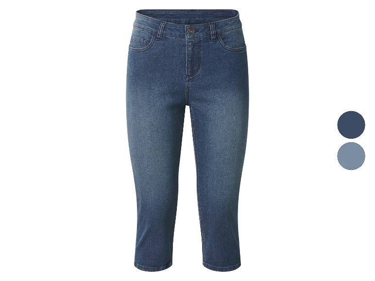 Damen-Jeans-Caprihose in Blau, mit zwei Blautönen an der Seite.