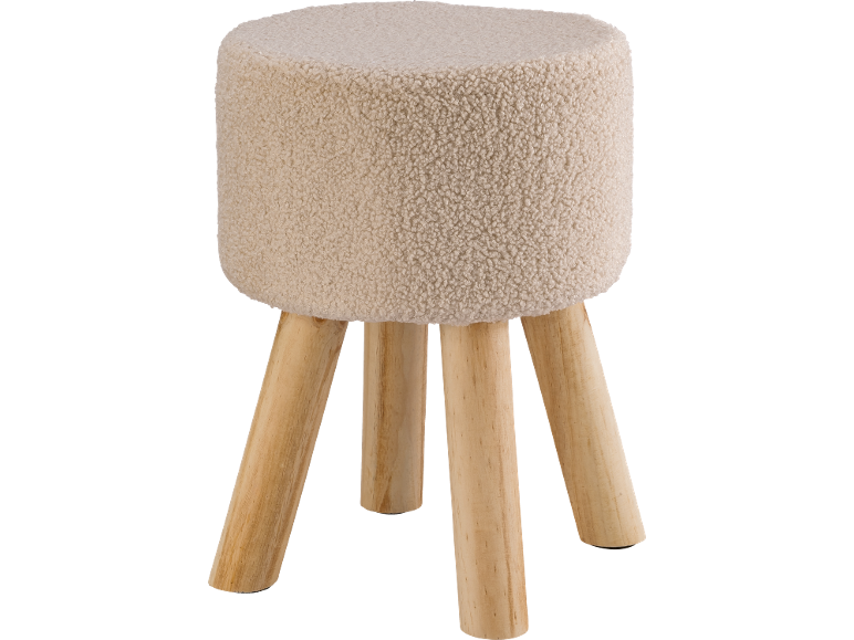 Cremefarbener Bouclé-Hocker mit drei hellen Holzbeinen