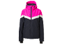 Pinke, weiße und marineblaue Skijacke mit Kapuze und Reißverschlusstaschen