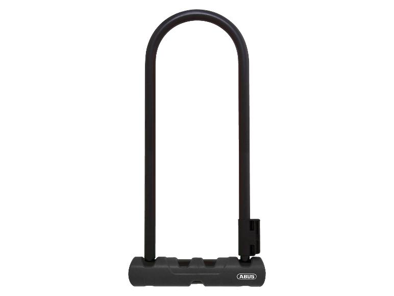 Schwarzes U-Bügelschloss für Fahrräder mit Gummibeschichtung.