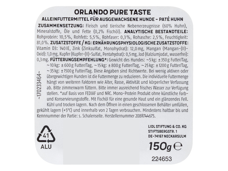 Gehe zu Vollbildansicht: ORLANDO Pure Taste Hundenassnahrung Paté vom Huhn, 16 x 150 g - Bild 4