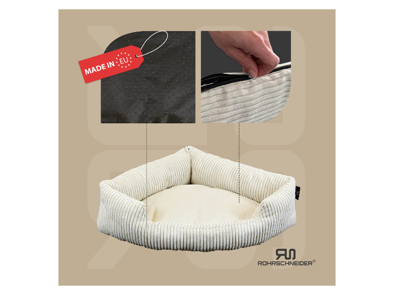 Rohrscheider Tierbett: bequem und stylisch, aus beigefarbenem Cord.