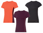 Drei Damen-T-Shirts mit kurzen Ärmeln in Orange, Schwarz und Lila.