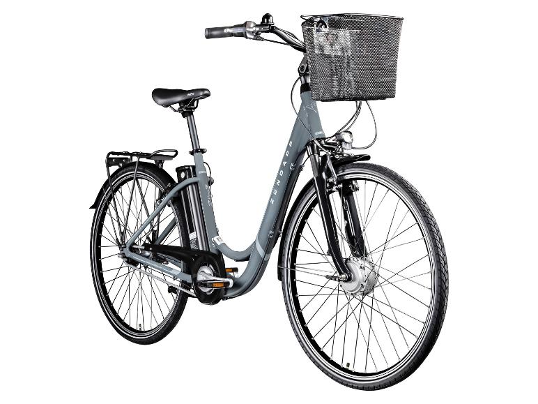 Graues Zündapp E-Bike mit Frontkorb und Gepäckträger.