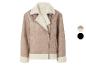 Beige Pilotenjacke mit cremefarbenem Sherpa-Futter und Reißverschluss.