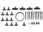 Ein Set mit Sprühköpfen, Verbindungsstücken, einem Schlauch und Stiften für ein Tropfbewässerungssystem.