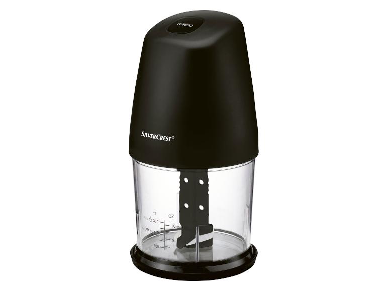 Eine schwarze Küchenmaschine von Silvercrest mit einer transparenten Schüssel.