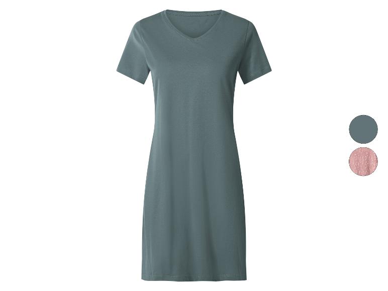 Damen-Kurzarmkleid mit V-Ausschnitt in Blaugrün, mit Farbmustern in Rosa und Blaugrün.