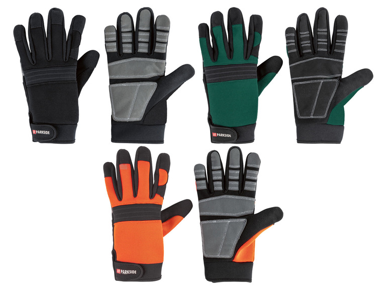 Sechs Paar Parkside Arbeitshandschuhe in verschiedenen Farben.