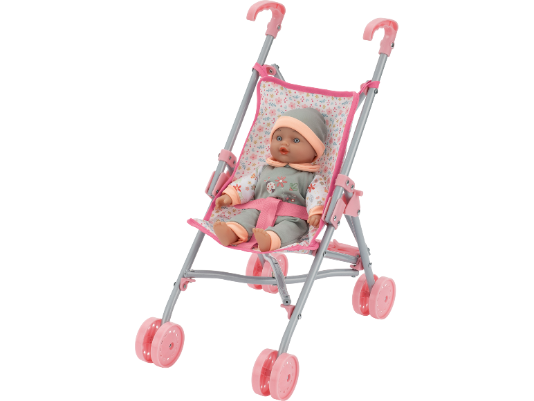 Rosa Puppenbuggy mit einer darin sitzenden Puppe.