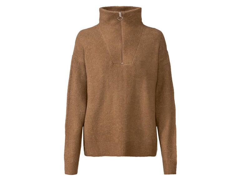 Brauner Pullover mit hohem Kragen und Reißverschluss.