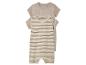Baby-Outfit: gestreiftes Bodysuit und einfarbiges T-Shirt, neutrale Farben.