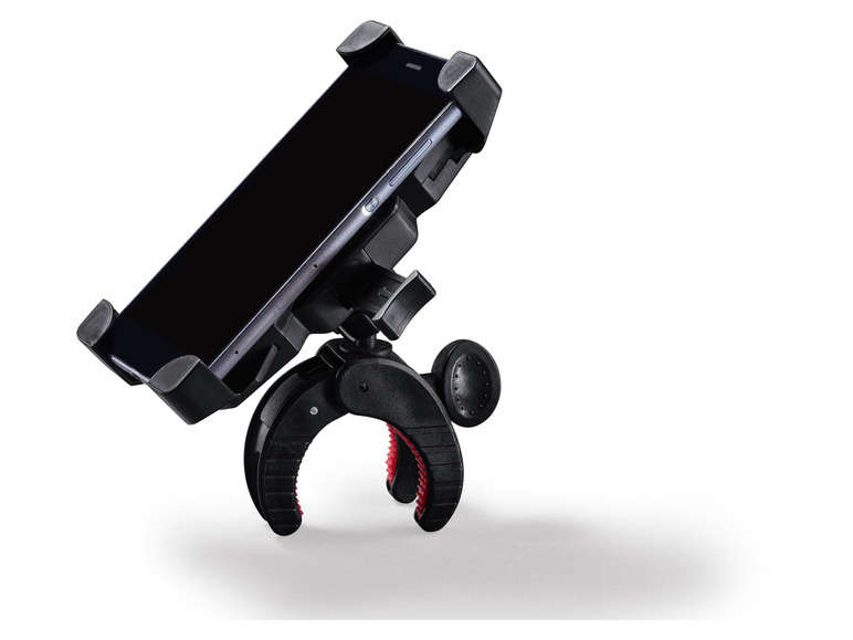 Ein schwarzer Handyhalter mit einem Smartphone.