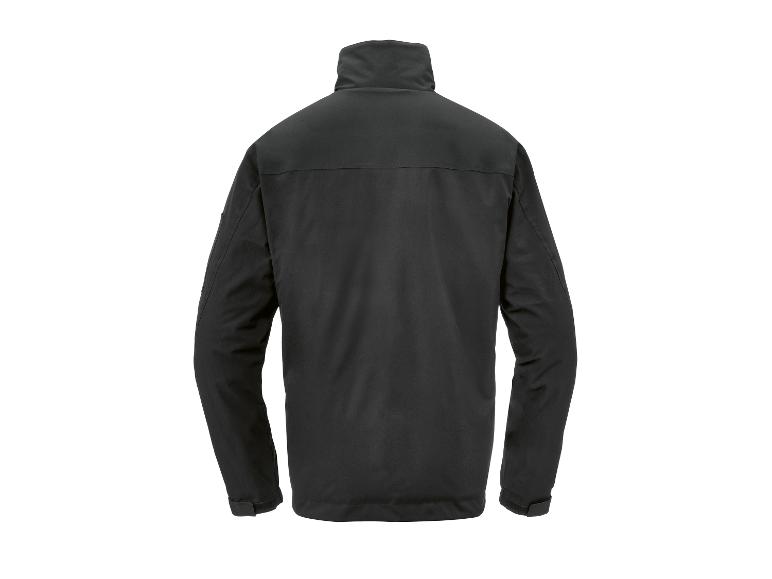 Rückenansicht einer schwarzen Herren-Outdoorjacke mit hohem Kragen.