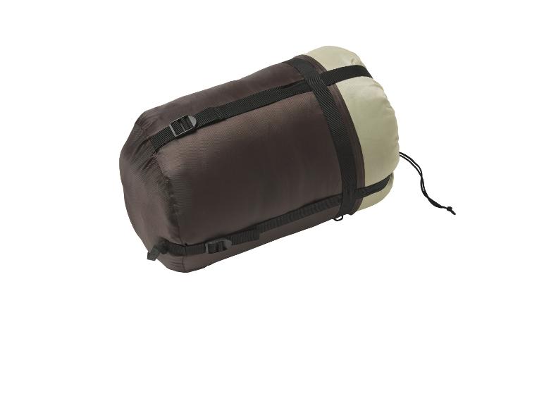 Gerollter braun-beiger Schlafsack mit Kompressionsriemen