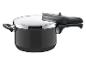 Schwarzer Schnellkochtopf mit silbernem Deckel und schwarzen Griffen