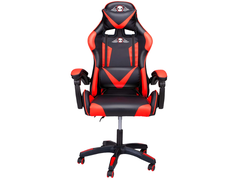 Schwarz-roter Gaming-Stuhl mit Totenkopf-Logo und verstellbaren Kissen