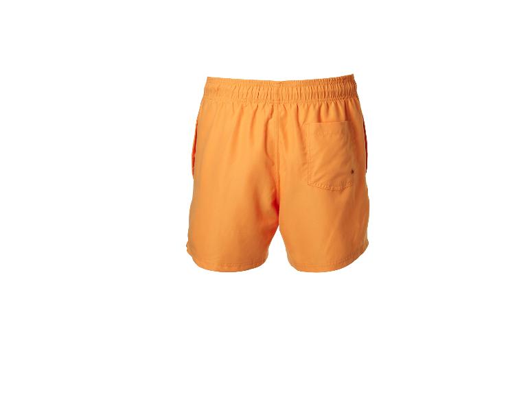 Orange Badeshorts mit elastischem Bund und Gesäßtasche.