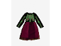 Schwarzes Kinderkleid mit im Dunkeln leuchtendem Skelett und weinrotem Rock.